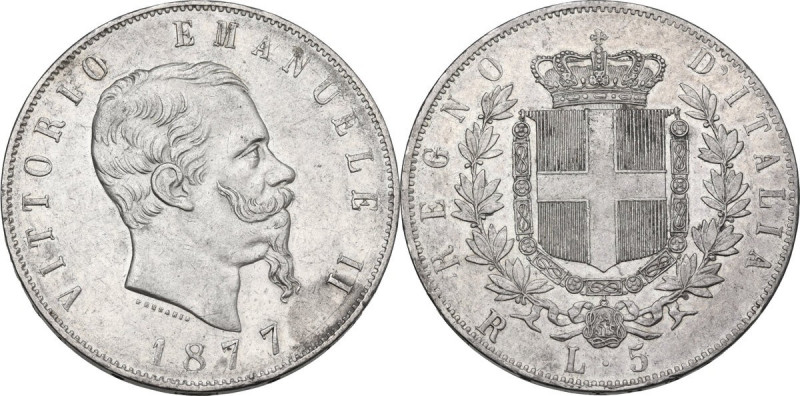 Vittorio Emanuele II Re d'Italia (1861-1878). 5 lire 1877 R. Pag. 502; Mont. 189...