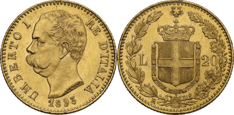 Umberto I (1878-1900). 20 lire 1893 R, 1 ribattuto su 1. Pag. 587 var; Mont. 30....