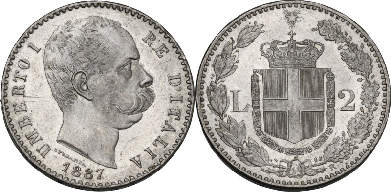 Umberto I (1878-1900). 2 Lire 1887 Roma. Pag. 597; Mont. 42. AG. 10.00 g. 27.00 ...