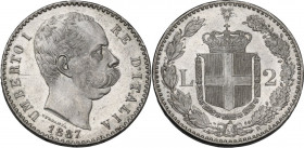 Umberto I (1878-1900). 2 Lire 1887 Roma. Pag. 597; Mont. 42. AG. 10.00 g. 27.00 mm. Superfici brillanti, qualità eccezionale. FDC.