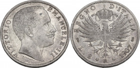Vittorio Emanuele III (1900-1943). 2 lire 1907 R. Pag. 731; Mont. 146. AG. 27.00 mm. Graffio al rovescio, altrimenti. qSPL.