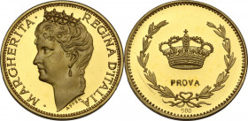 Margherita di Savoia (1851-1926). Medaglia PROVA, XX sec. AG dorato. 25.00 mm. Opus: C. Affer. FDC.