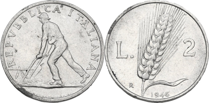 2 Lire 1946. Mont. 3. IT. 24.10 mm. R. Graffietti da contatto. BB.