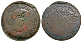 Iberia, Carmo (Seville). Civic issue. Ca. 80 B.C. AE 37 "sestertius" (37.3 mm, 37.66 g, 11 h). Helmeted male head right within wreath / [CAR]MO, horiz...