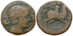 Iberia, Iltirta. After 104 B.C. AE as (27.1 mm, 11.17 g, 8 h). Male head right, drapery around neck; three dolphins around / Horseman riding right, ho...