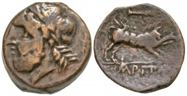 Apulia, Arpi. Ca. 325-275 B.C. AE 21 (21.0 mm, 8.08 g, 1 h). ΔAΞOY, laureate head of Zeus left, thunderbolt behind / APΠANΩN, boar running right, spea...