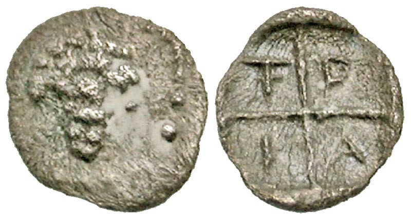 Macedon, Tragilos. Ca. 450-400 B.C. AR hemiobol (6.9 mm, 0.14 g, 7 h). Bunch of ...