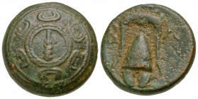 Macedonian Kingdom. Alexander III the Great. 336-323 B.C. AE half unit (14 mm, 4.15 g, 5 h). Amphipolis mint, struck ca. 325-310 B.C. Macedonian shiel...