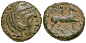 Macedonian Kingdom. Kassander. 316-297 B.C. AE 18 (18.26 mm, 5.76 g, 5 h). Head of young Hercules right wearing lion-skin headdress / ΒΑΣΙΛΕΩΣ [ΚΑΣΣΑΝ...