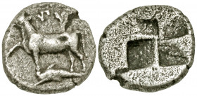 Thrace, Kalchedon. 357-340 B.C. AR diobol or 1/10 siglos (11.50 mm, 1.23 g). Persic standard. ΠΥ, cow standing left on dolphin, right foreleg raised, ...