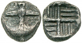 Thrace, Apollonia Pontika. Late 4th Century B.C. AR hemiobol (5.4 mm, 0.16 g, 1 h). Inverted anchor / Incuse square with swastika pattern. Topalov 18;...