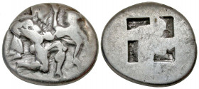 Islands off Thrace, Thasos. Ca. 480-463 B.C. AR stater (22.5 mm, 8.62 g). Satyr advancing right, carrying protesting nymph / Quadripartite incuse squa...