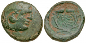 Thracian Kingdom. Lysimachos. As King, 306-281 B.C. AE 16 "unit" (15.69 mm, 2.44 g, 7 h). Lysimacheia mint. Head of Lysimachos as Herakles right, wear...