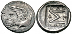 Sikyonia, Sikyon. Ca. 90-60 B.C. AR triobol (14.8 mm, 2.38 g, 0 h). Kleandros, magistrate. Dove flying right, T below wing / KΛE/A-N/ΔPOΣ, ΣI, large Σ...