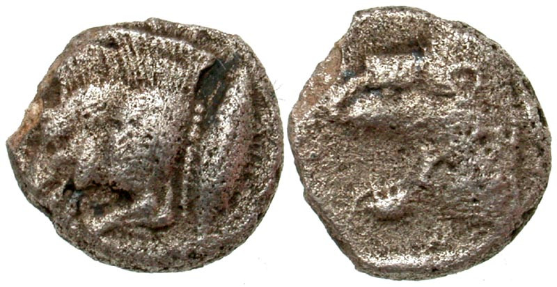Mysia, Kyzikos. Ca. 450-400 B.C. AR obol (9.76 mm, 0.91 g, 4 h). Forepart of boa...