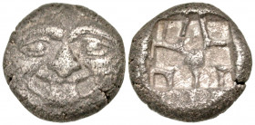 Mysia, Parion. 500-520 B.C. AR drachm (13.0 mm, 2.94 g, 0 h). Facing gorgoneion with protruding tongue / Linear pattern within incuse square. Asyut 61...