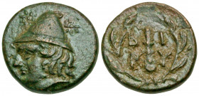Troas, Birytis. Ca. 350-300 B.C. AE 10 (10 mm, 1.11 g, 12 h). Young head of Kabeiros left, wearing pileos; two stars above / B-I/P-Y, club within wrea...
