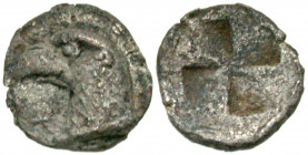 Aiolis, Kyme. Ca. 480-450 B.C. AR hemiobol (7.8 mm, 0.36 g). K-Y, eagle's head left / Quadripartite incuse in mill-sail pattern. SNG Copenhagen 31; SN...