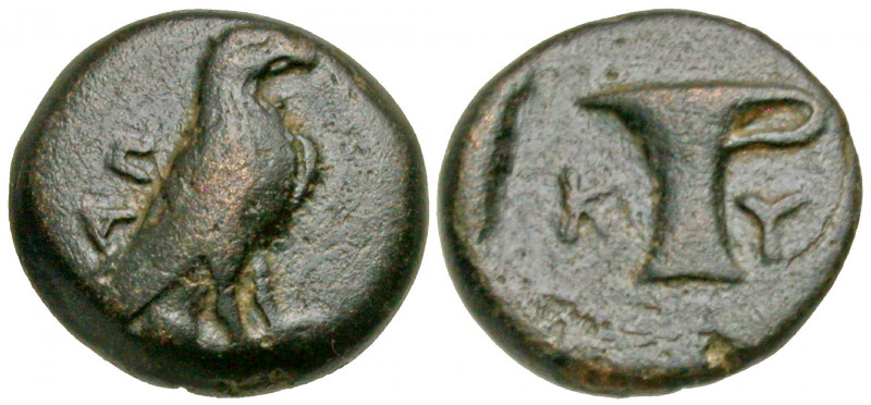 Aiolis, Kyme. Ca. 350-320 B.C. AE (9 mm, 1.29 g, 12 h). Eagle standing right; AΠ...