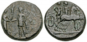 Aiolis, Kyme. Ca. 2nd century B.C. AE 15 (15.2 mm, 3.46 g, 0 h). K-Y in fields to left and right of Artemis standing right, holding long torch, claspi...