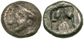 Ionia, Phokaia. Ca. 521-478 B.C. AR hemihekte (9.6 mm, 1.40 g). Female head left, wearing helmet or close fitting cap and earring / Quadrapartite incu...