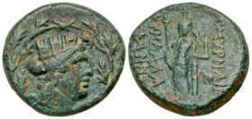 Ionia, Smyrna. Ca. 75-50 B.C. AE 19 (18.6 mm, 5.47 g, 11 h). Phanes Kyndalas, magistrate. Turreted head of Tyche right within oak wreath / ΣΜΥΡNAIΩN K...