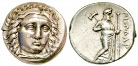Caria, Halikarnassos. Ca. 340-334 B.C. AR didrachm (19 mm, 7.00 g, 12 h). Head of Apollo facing slightly right / ΠIΞΩΔAP, Zeus Labraundos standing rig...