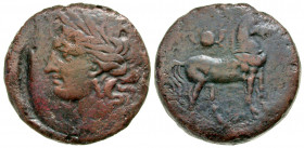 Carthage. Ca 201-175 B.C. AE 15 shekel (44 mm, 84.19 g, 12 h). Wreathed head of Tanit left / Horse standing right; uraios above. MAA 104; SNG Copenhag...