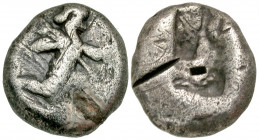 Achaemenid Kingdom. Xerxes I to Artaxerxes II. Ca. 475-450 B.C. AR siglos (16.3 mm, 5.30 g). Persian king or hero in kneeling-running stance right, ho...