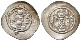 Sasanian Kingdom. Hormizd IV. A.D. 579-590. AR drachm (32.7 mm, 4.18 g, 9 h). BN (Veh-Ardashir) mint, RY 10. Crowned and cuirassed bust right, two sta...
