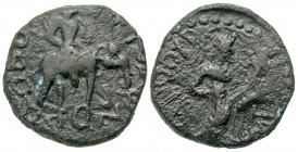 Kushan Empire. Huvishka. Ca. A.D. 155-ca. 187. AE tetradrachm (23.9 mm, 10.34 g, 11 h). Taxila mint. Huvishka, holding goad, on elephant advancing rig...