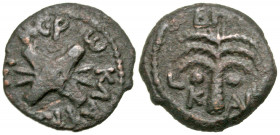 Judaea, Procurators. Antonius Felix. 52-59 B.C. AE prutah (16.9 mm, 2.61 g, 4 h). Jerusalem mint, Prefect under Claudius, dated year 14 = 54 C.E.. NEP...