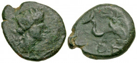 Hispania, Carteia. AE 20 (19.54 mm, 3.92 g, 8 h). Ca. 25 B.C. Turreted head of Fortuna right, trident behind / Cupid riding right on back of dolphin. ...
