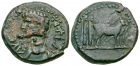 Macedon, Philippi. Claudius. A.D. 41-54. AE 18 (17.8 mm, 3.90 g, 7 h). TI CLAV AVG [AVG], bare head of Claudius left; uncertain countermark on neck / ...