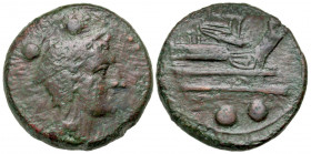 Anonymous. Ca. 215-212 B.C. AE sextans (23.3 mm, 10.66 g, 6 h). Rome mint. Head of Mercury right wearing petasus, ?? (mark of value) above / ROMA, pro...