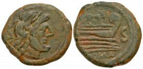 Anonymous [Ass]. Ca. 169-158 B.C. AE semis (24.9 mm, 11.24 g, 5 h). Rome mint. Laureate head of Saturn right; S behind / ROMA, prow of galley right; a...