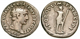 Trajan. A.D. 98-117. AR denarius (18.1 mm, 2.51 g, 5 h). Rome mint, Struck A.D.103-111. IMP TRAIANO AVG GER DAC P M TR P COS V P P, laureate head of T...