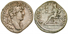 Hadrian. A.D. 117-138. AR denarius (18.8 mm, 3.07 g, 6 h). Rome mint. IMP CAESAR TRAIAN HADRIANVS [AV]G, laureate bust of Hadrian right, drapery on le...