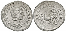 Julia Domna. Augusta, A.D. 193-217. AR denarius (19.6 mm, 2.67 g, 1 h). Rome mint, struck A.D. 215. IVLIA PIA FELIX AVG, draped bust of Julia Domna ri...