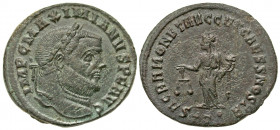 Maximianus. First reign, A.D. 286-305. AE follis (27.5 mm, 6.88 g, 1 h). Ticinum mint, struck A.D. 300-303. IM C MAXIMIANVS P F AVG, laureate head of ...