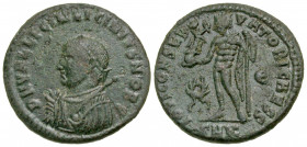 Licinius II. Caesar, A.D. 317-324. BI follis (17.83 mm, 2.63 g, 7 h). Cyzicus mint, struck A.D. 317/18. D N VAL LICIN LICINIVS NOB C, laureate, draped...