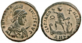Theodosius I. A.D. 379-395. AE24 majorina (23.5 mm, 4.42 g, 11 h). Antioch mint, Struck A.D. 383-386. D N THEODO-SIVS P F AVG, draped and cuirassed bu...
