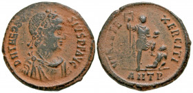 Theodosius I. A.D. 379-395. AE majorina (23 mm, 4.51 g, 5 h). Antioch mint, struck A.D. 387-392. D N THEODOSIVS P F AVG, diademed, draped and cuirasse...