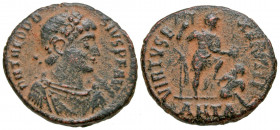 Theodosius I. A.D. 379-395. AE majorina (21.9 mm, 4.71 g, 6 h). Antioch mint, struck A.D. 387-392. D N THEODOSIVS P F AVG, rosette-diademed, draped an...
