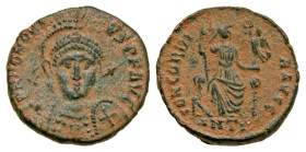 Honorius. A.D. 393-423. AE centenionalis (15.9 mm, 2.41 g, 5 h). Antioch mint, struck A.D. 402. D N HONORIVS P F AVG, bust of Honorius 3/4 facing to r...
