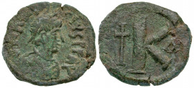 Justin I. 518-527. AE Half follis (27 mm, 9.13 g). Constantinople. Laureate draped and cuirassed bust right / K, long cross to left, A to right. SBV 6...