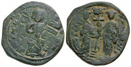 Constantine X Ducas. 1059-1067. AE follis (28.8 mm, 6.60 g, 7 h). overstruck on anonymous follis, Class D. Constantinople mint. ЄMMA[NO]VHA, nimbate C...