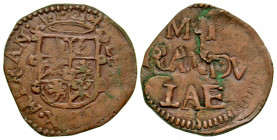 Italian States, Mirandola. Alexander II Pico. 1637-1691. AE bolognino (21.1 mm, 2.27 g, 6 h). [· ALEX II · DV]X · MIRAN · , ornate crowned arms, all w...