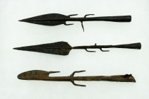 A trio of deadly-looking spear heads from the Congo region, early 1900?s. . These fine examples are 4-3/4? to 5-1/2? long, are made from iron and feat...