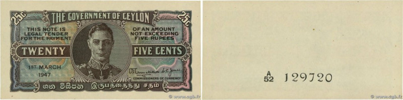 Country : CEYLON 
Face Value : 25 Cents  
Date : 01 mars 1947 
Period/Province/B...